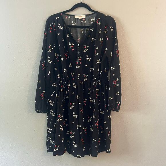 LOFT Petites Floral Side Tie Button Dress Black Long Sleeve Size Large Petite - Picture 2 of 6